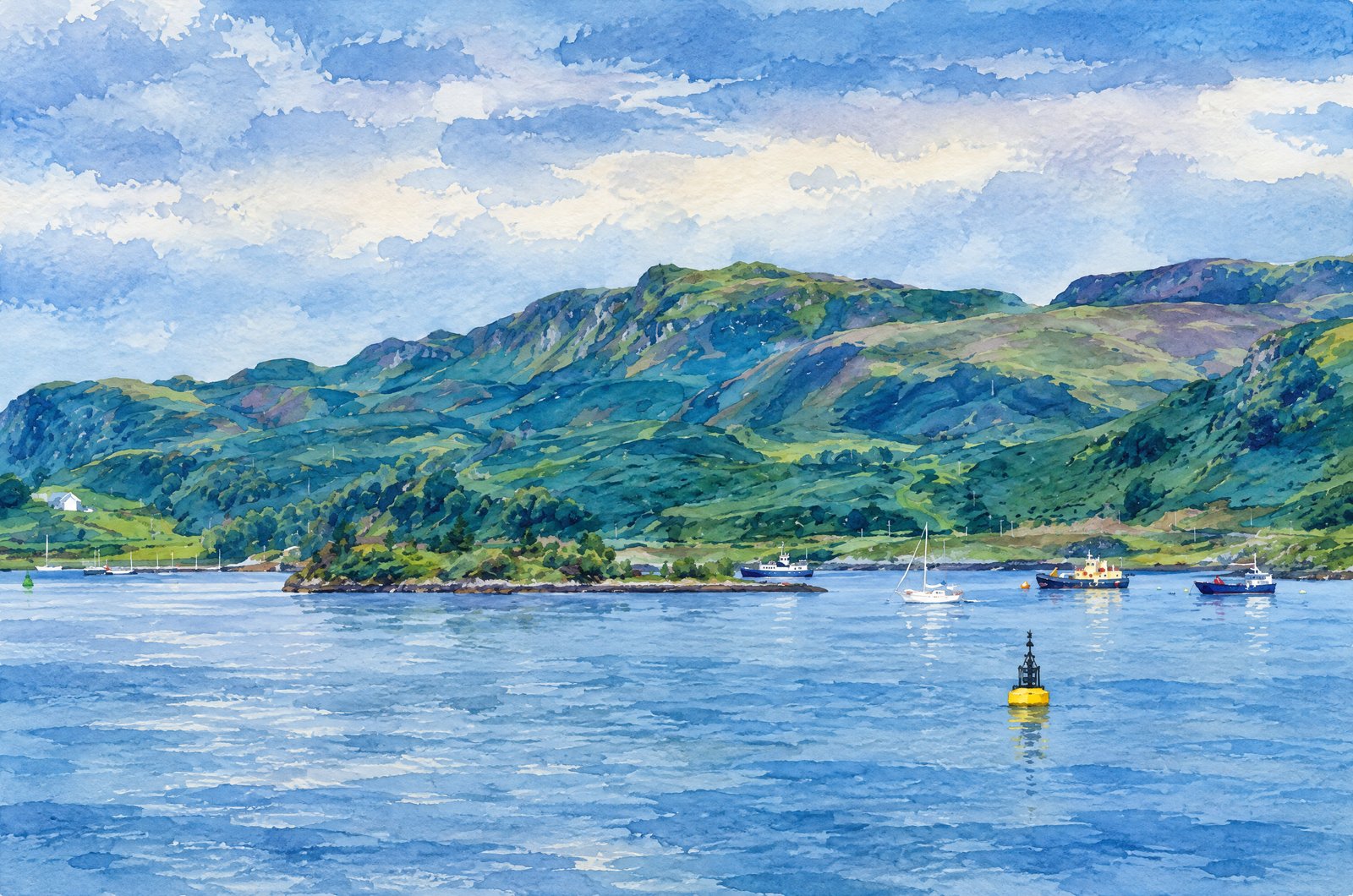 Maiden Island On Oban Bay In Scotland, Watercolor