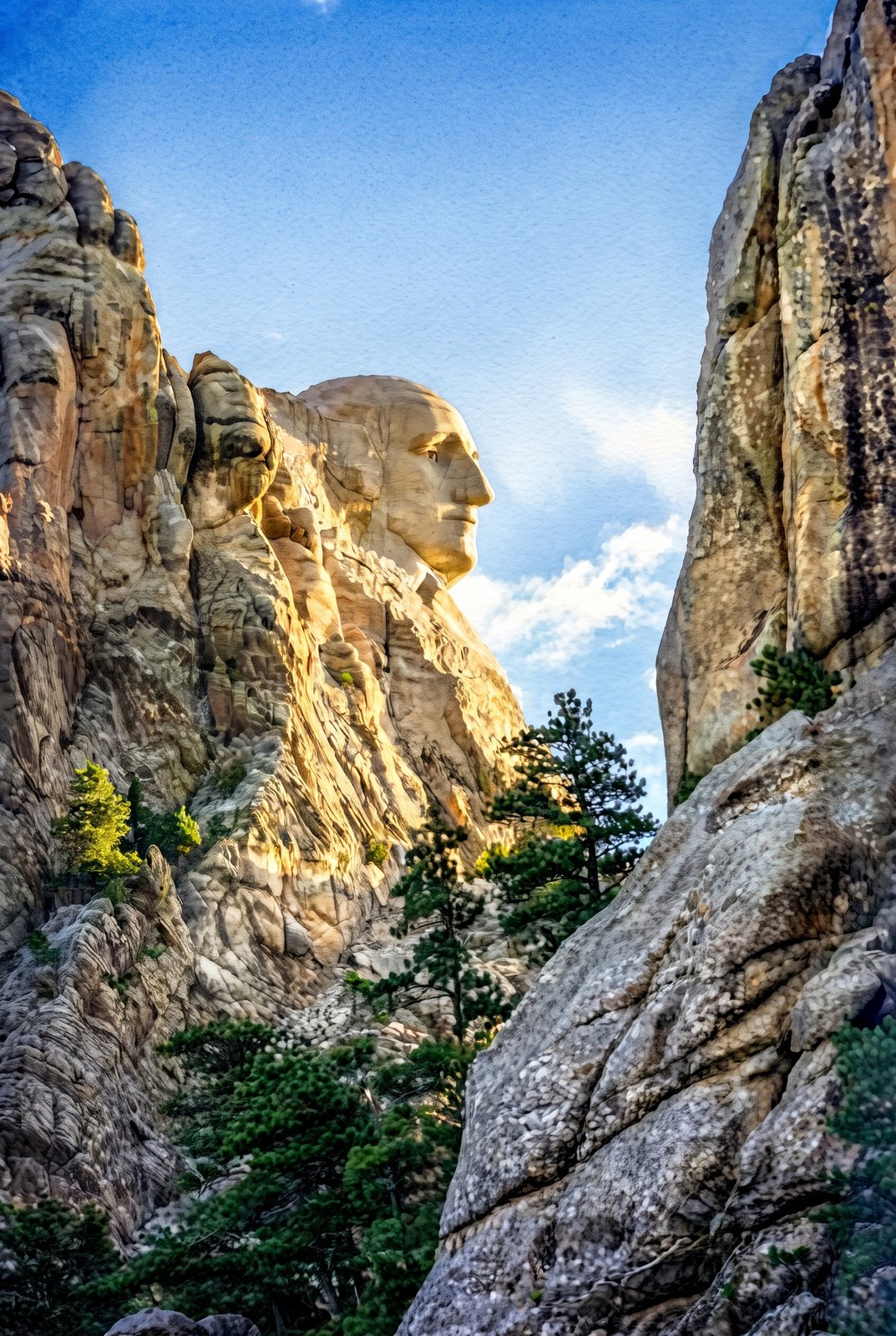 Unique Profile George Washington At Mount Rushmore National Memorial, Black Hills, South Dakota, Watercolor