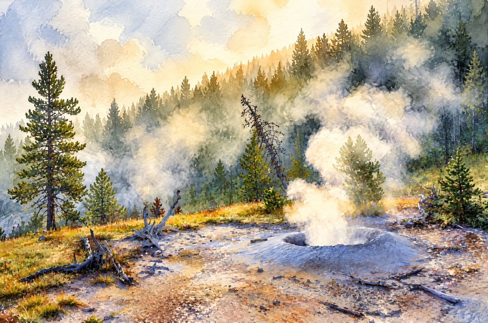 Yellowstone Lone Fumarole Breaks Through, Watercolor