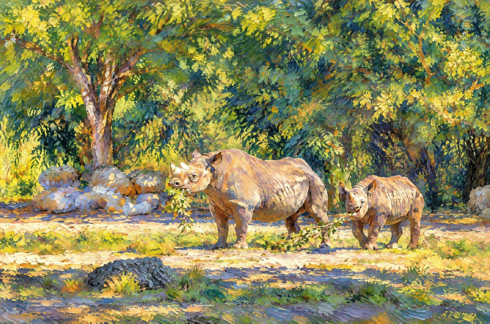 African Momma & Baby Rhino's, Impressionist