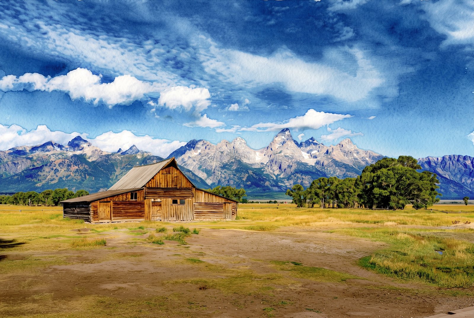 T.A. Moulton Barn, Mormon Row Within Grand Teton National Park In Wyoming, Watercolor