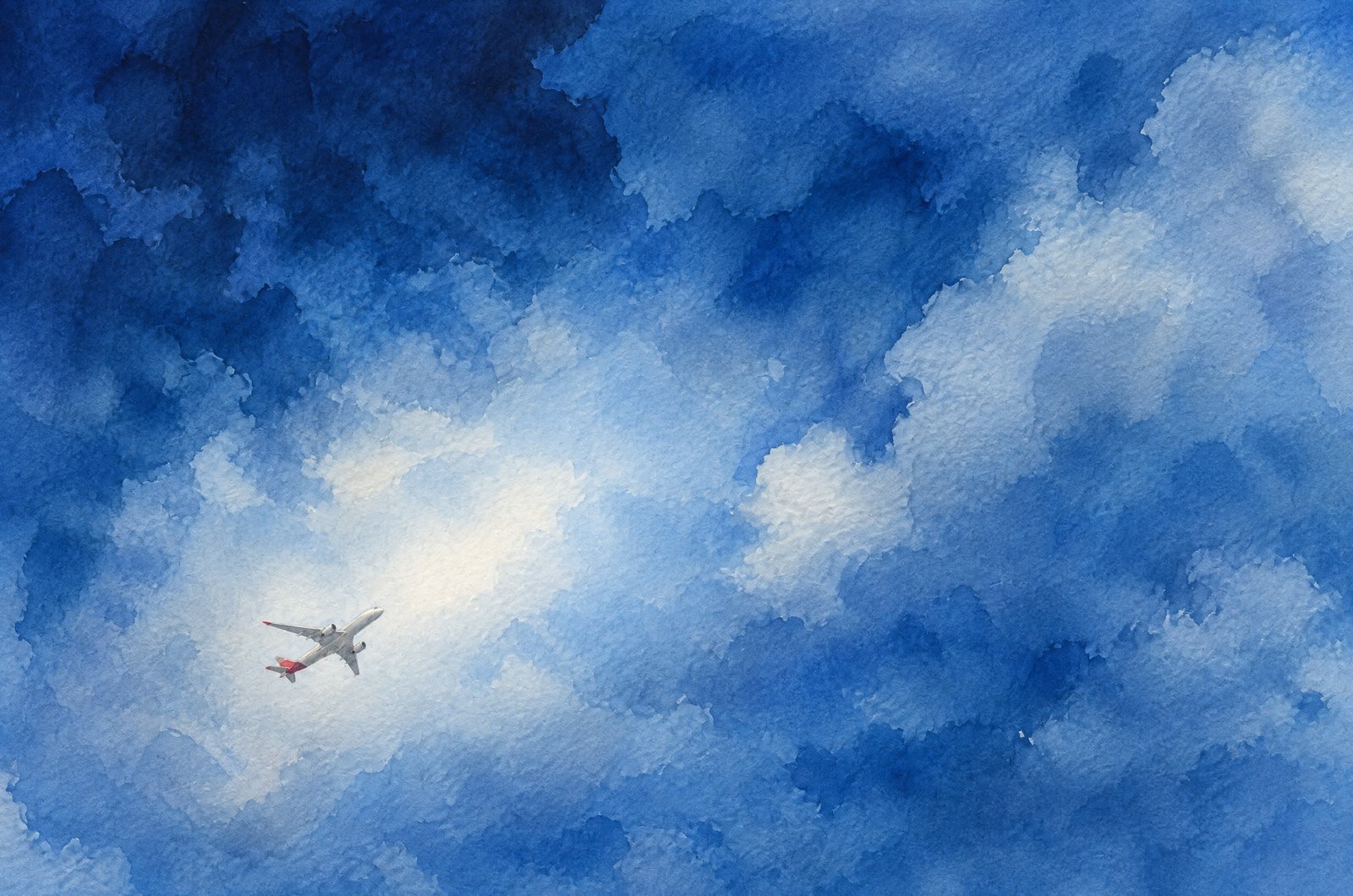 Blue Sky With Scattered Clouds, Watercolor