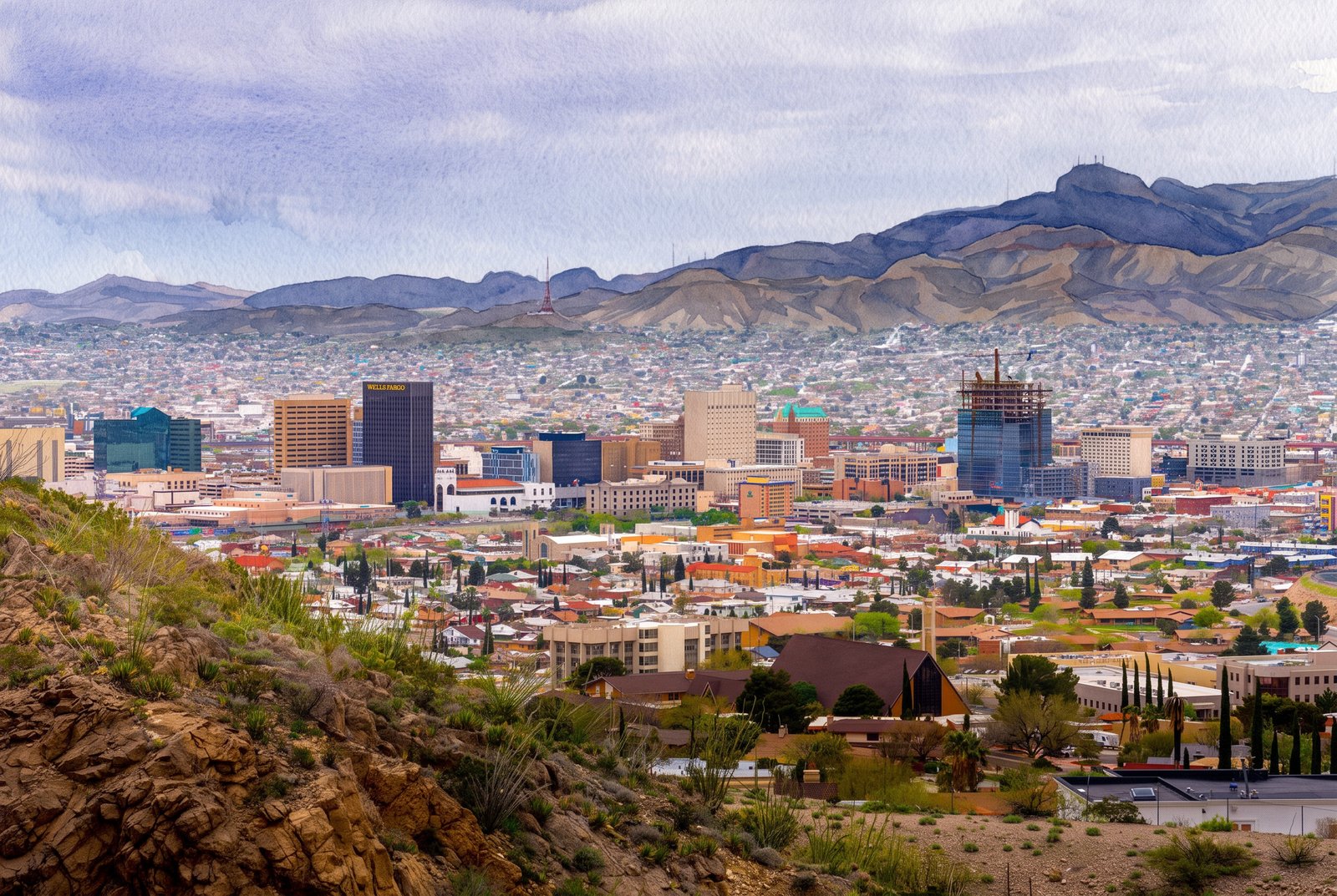 Glance Into Mexica From El Paso, Texas, Watercolor