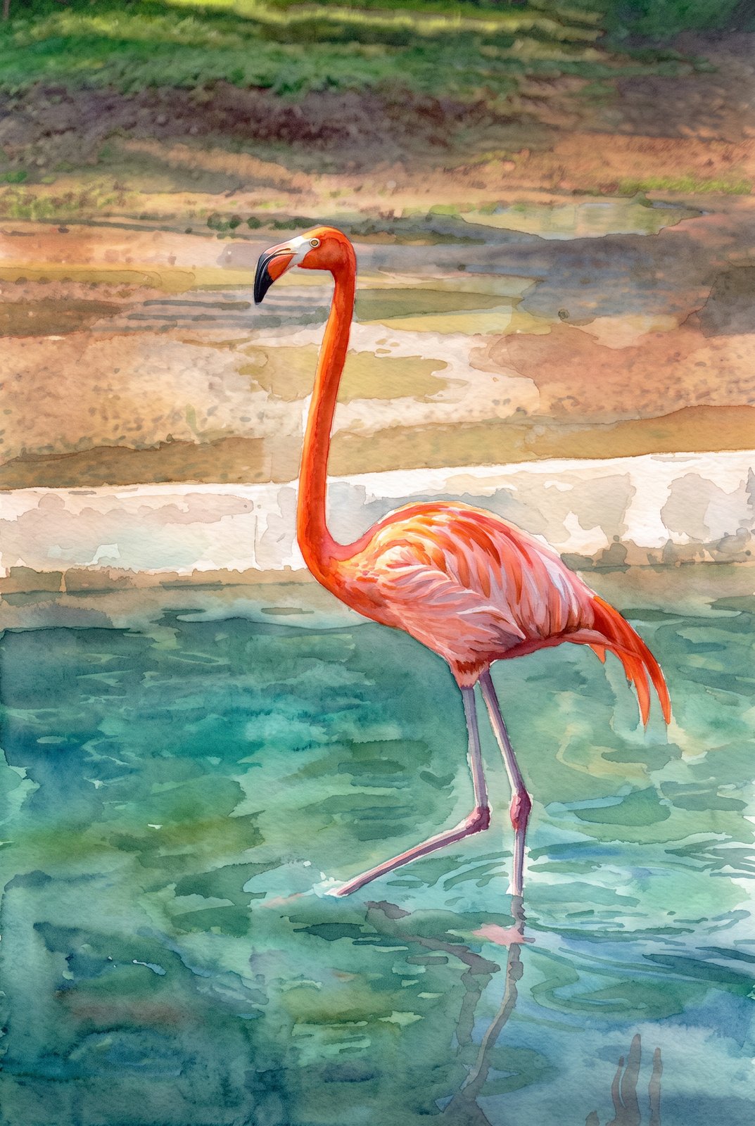 American Flamingo Wading Through Shallow Water, Watercolor