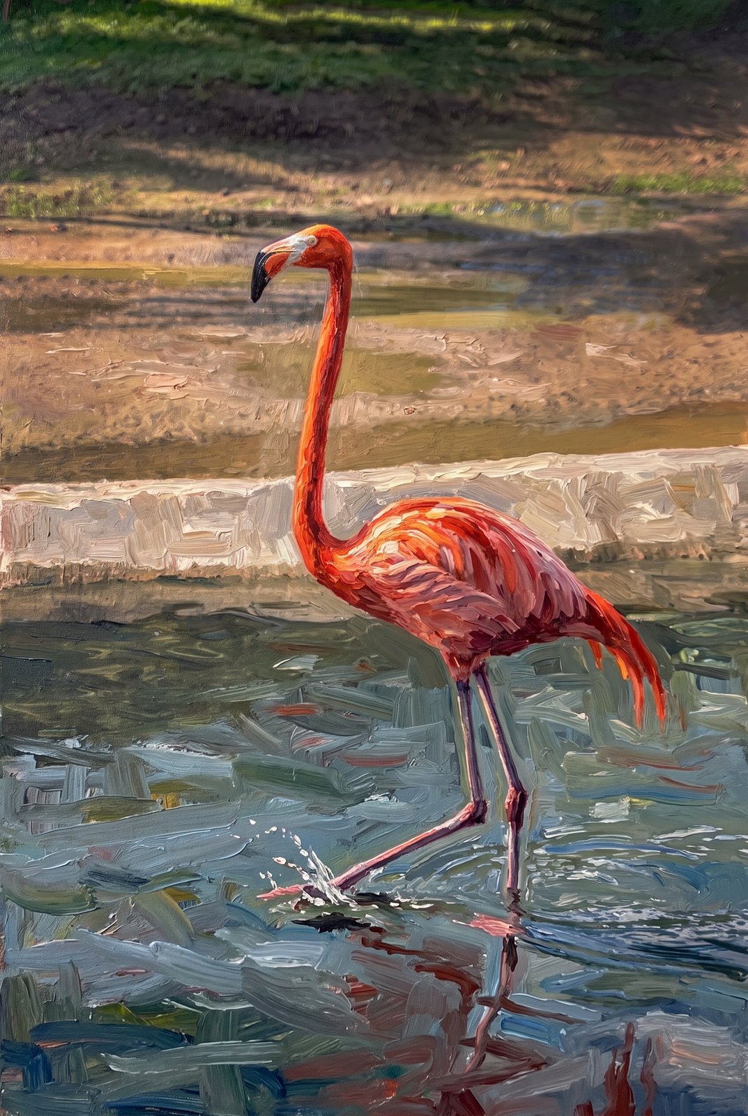 American Flamingo Wading Through Shallow Water, Painterly